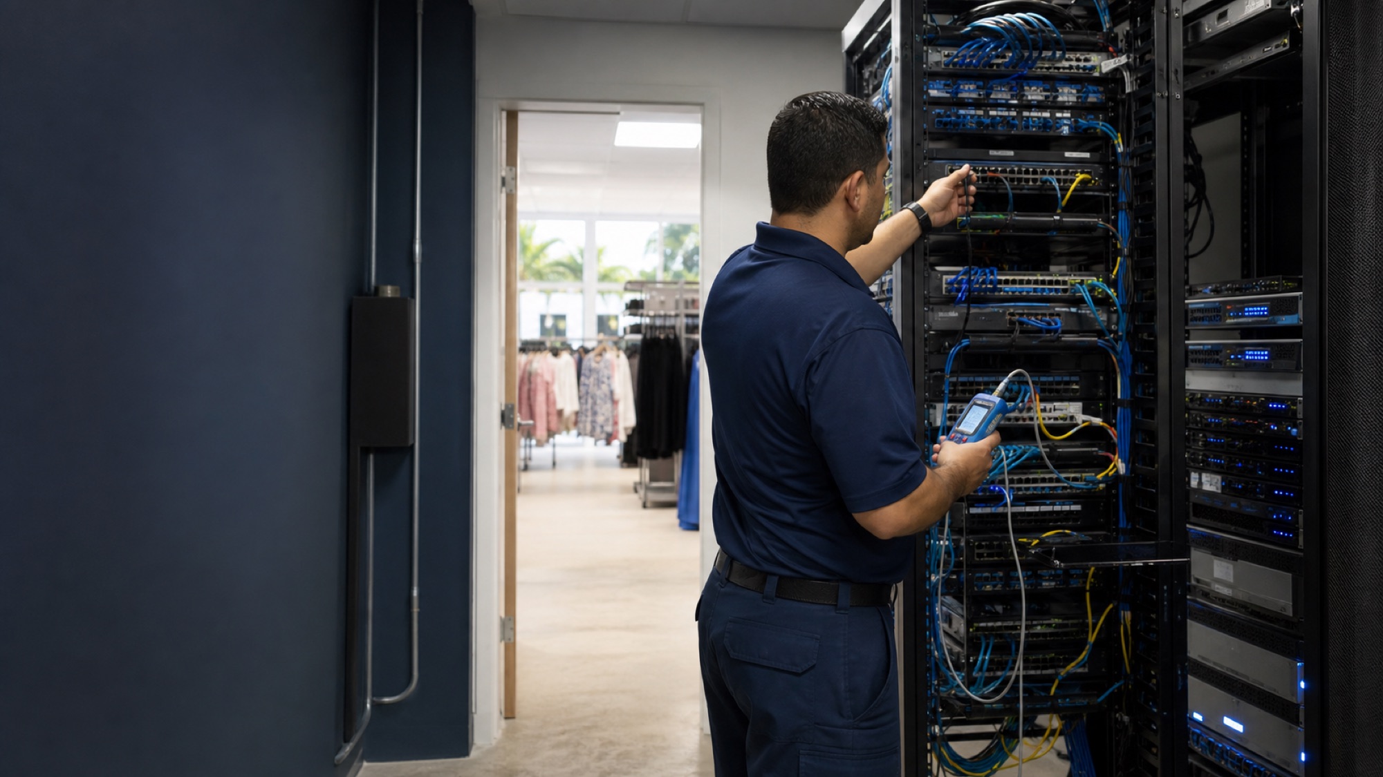 Technician testing network equipment at a South Florida retail site
